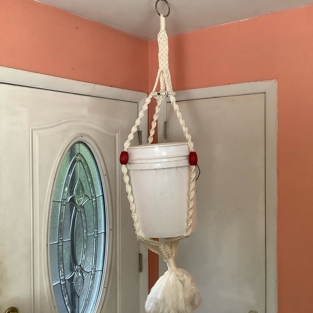 Vintage White Macrame Plant Hanger Planter 50” Long With Red Wood Beads,Tassel